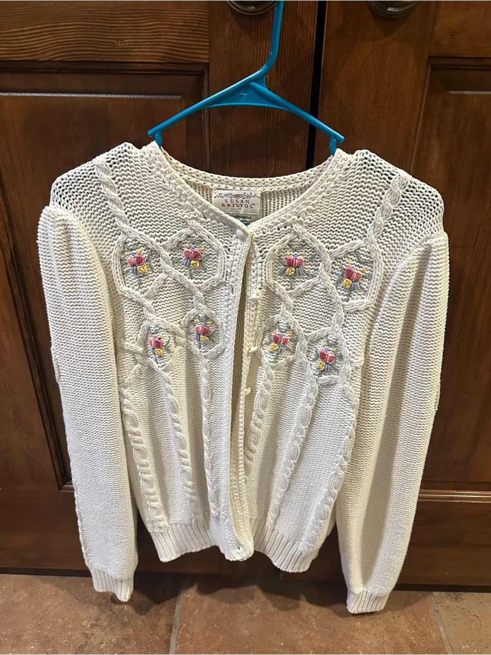 Susan Bristol Cream Cable-Knit Cardigan with Floral Embroidery